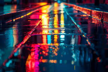 Multi-colored neon lights on a dark city street, reflection of neon light in puddles and water. Abstract night background, blurred bokeh light. Night view colorful