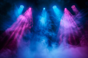 Poster - Stage light with colored spotlights and smoke. Concert and theatre dark scene AI