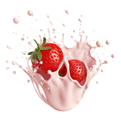 Wall Mural - strawberry falling into milk splash isolated on transparent white background, clipping path