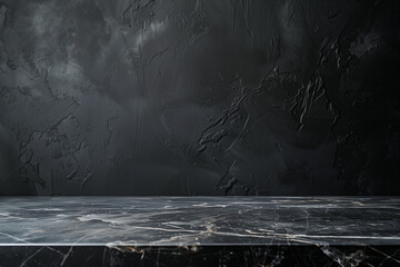 Poster - Empty table marble black countertop on black wall background. High quality photo