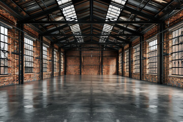 Aufkleber - Industrial loft style empty old warehouse interior,brick wall,concrete floor and black steel roof structure