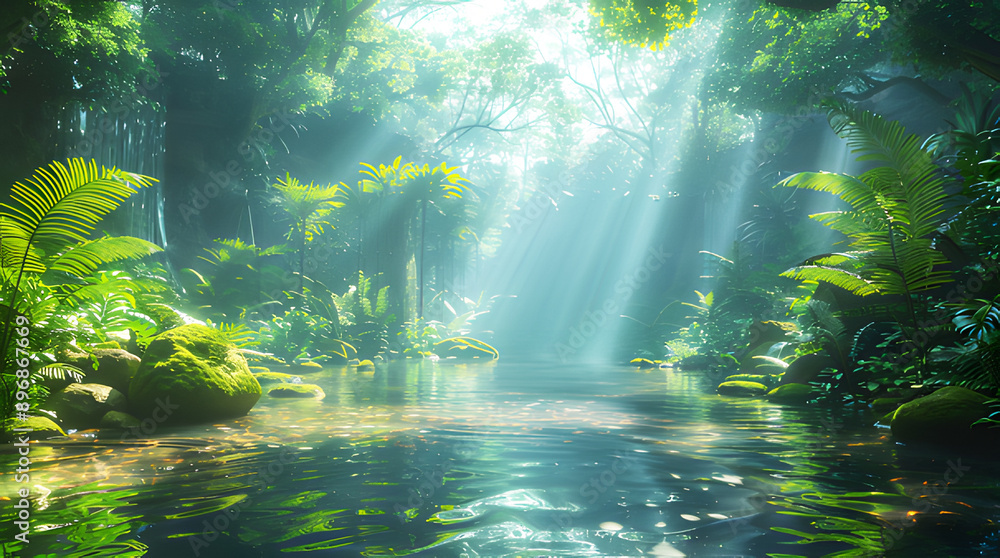 Landscape sun shining through trees on river. Cybernetic rainforest ...
