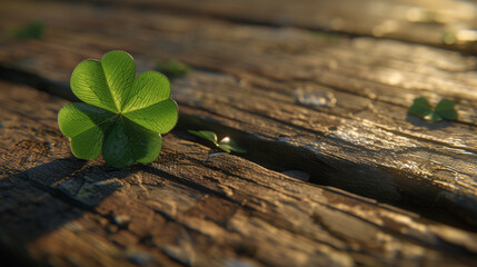 Canvas Print - Clover leaf on rustic wooden surface, close