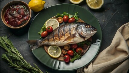 Wall Mural - grilled fish with vegetables