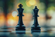 © Valeriia - Chess lessons for kids and adults adverticement. Black King and Queen Chess piece. Business competition Leadership, teamwork, partnership strategy concept. Copy space empty place for text
