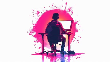 Digital artist in hoodie working on computer in vibrant neon pink and purple background creative workspace illustration