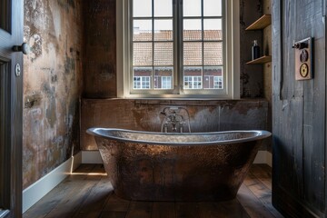 Interior of a rustic bathroom with a bathtub and a window