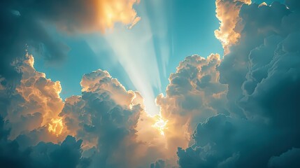 Wall Mural - breathtaking view of sun rays breaking through dramatic, fluffy clouds in the sky.