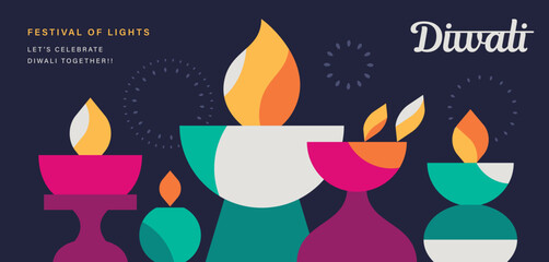 Wall Mural - Happy Diwali Hindu festival modern design with diya oil lamps. Vector illustration for greeting card, poster, cover, banner.