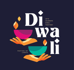 Wall Mural - Happy Diwali Hindu festival modern design with hands, diya oil lamps and typography. Vector illustration for greeting card, poster, cover, banner.