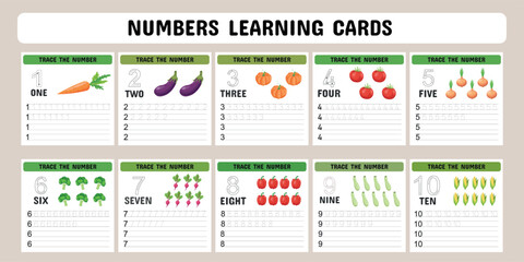 Cards for learning numbers from 1 to 10 with vegetables. Kindergarten flashcards with numbers, learning and spelling numbers . Vector illustration