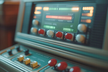 Close-up of a retro electronic device with various buttons and a display panel, featuring colorful lights and controls