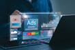 © Antony Weerut - Digital marketing commerce online sale  concept, Businessman using laptop with Ads dashboard digital marketing strategy analysis for branding. online advertisement, ad on website and social media.
