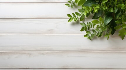 Wall Mural - White wooden table top with spring green leafs