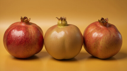 Three pomegranate fruits on a smooth yellow background