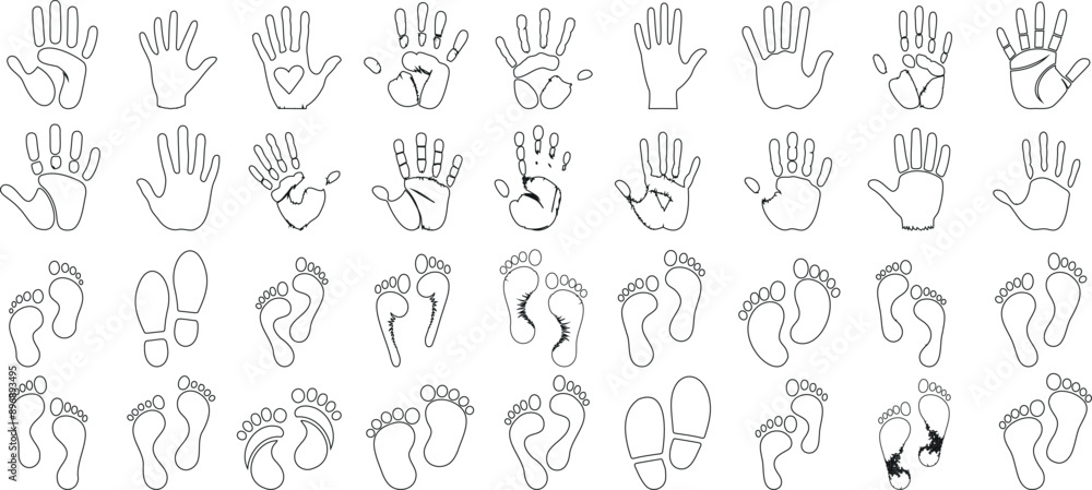 Hand Rint Line Drawing Handprint line art footprint outline vector set, for creative design ...
