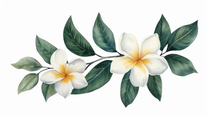 Sticker - Vibrant jasmine flowers with lush green leaves on a white backdrop, ideal for botanical art and design projects.