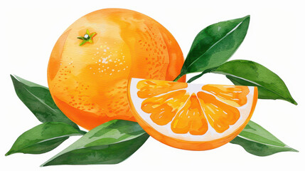 Poster - Vibrant handdrawn watercolor of a fresh orange, showcasing its luscious texture and bright color on a clean white backdrop.