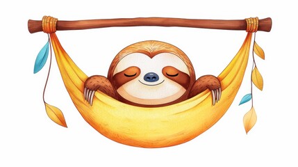 Wall Mural - Whimsical watercolor of a relaxed sloth in a hammock, perfect for tshirts or logos. Adorable and funny animal art