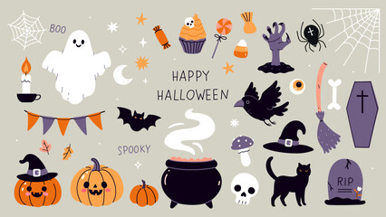 a set of scary items for celebrating halloween. vector graphics.