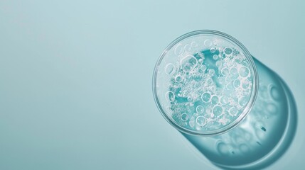 Poster - Top view of Petri dish with various samples on light blue surface with text space lab glassware