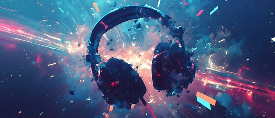 Wall Mural - Abstract headphones in a digital explosion.