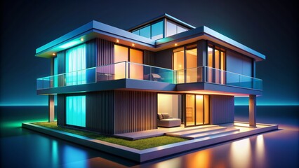 Wall Mural - Crisp, futuristic 3D house model with sleek architecture and vivid color scheme isolated on a transparent background with subtle shadows.