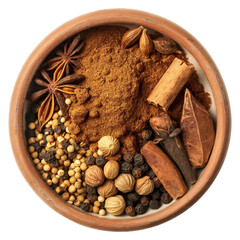 Canvas Print - Top view of garam masala spices in an earthen pot isolated on transparent white background, clipping path