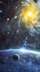 Wall Mural - celestial planets orbiting from a galactic center seamless looping overlay 4k virtual video animatio