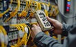 © Thanaseth - Professional electricians tools Closeup of hands with multimeter in electrical panel, yellow wires and white gear, highresolution photography