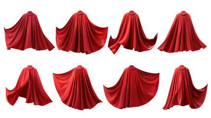 Set of headless red superhero capes with various flowing and draping styles. Transparent background png.