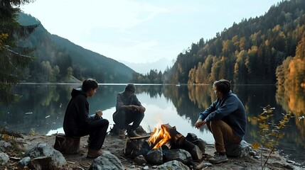 Group of young man friend sitting around bonfire near a lake at sunset