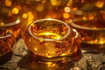 Closeup of glowing golden tealight candle holders on a textured surface with soft bokeh lights