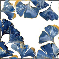 Wall Mural - Blue and gold ginkgo leaves painting on white background