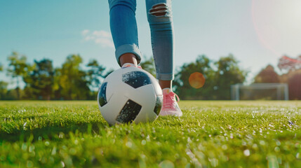 Running soccer football player. Footballer kicking football match game. Young soccer player feet running after the ball on green grass