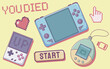© klyaksun - Cute girl gamer retro print. Kawaii pixel y2k set. 90s graphic design with geek gamepad, low energy icon, start game button and tamagotchi. Simple woman aesthetic with text and play art illustration