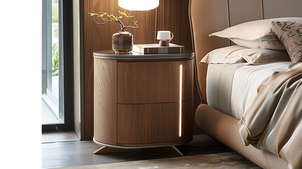 Wall Mural - Modern Wooden Nightstand with Integrated Lighting Beside a Bed