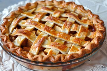 Wall Mural - Closeup of a freshly baked apple pie with a lattice crust, ready to serve