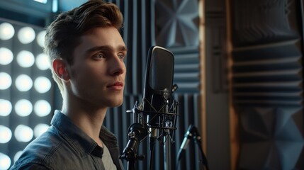 Wall Mural - Young man recording music in a professional studio