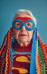 Wall Mural - Elderly woman in superhero costume with knitted mask and cape