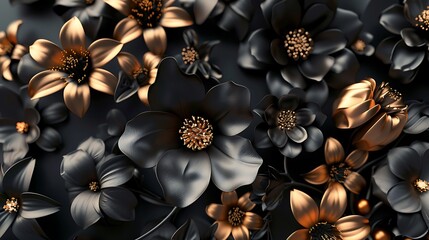 Wall Mural - 3d flowers with shiny black and gold color