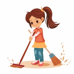 Young Girl Sweeping the Floor