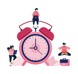 Illustration of people doing activities around an alarm clock for a reminder metaphor. Can be used for brochures, mobile startups, ads, flyers