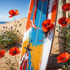 Wall Mural - Colorful Surfboard with Poppies on the Beach.