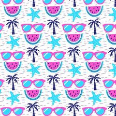 Wall Mural - Summer bright seamless pattern. Colorful tropical fruit, sunglasses, starfish and palm on white background. Fashion vector illustration in modern style.