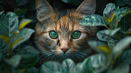 cat with green eyes peeking out from behind leaves, its fur pattern blending seamlessly into the foliage