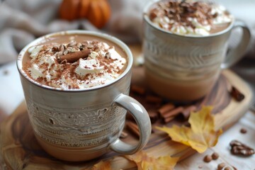 Canvas Print - Two mugs of hot chocolate with whipped cream and cinnamon on a festive autumnal background