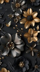 Wall Mural - 3d flowers with shiny black and gold color