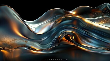 Wall Mural - luxury abstract, curved shape with smooth lines in metallic gold and teal against a black background.