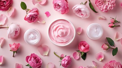 Wall Mural - Skincare lotions featuring rosy blooms